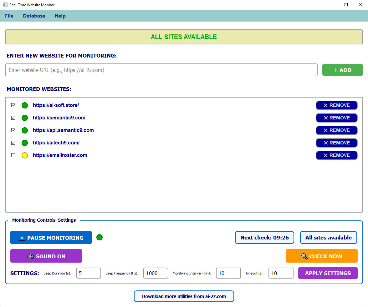 Real-Time Website Monitor, Main Window